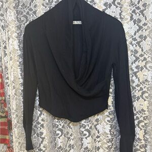 Free People Black faux wrap Cowl Neck Sweater worn once ribbed euc